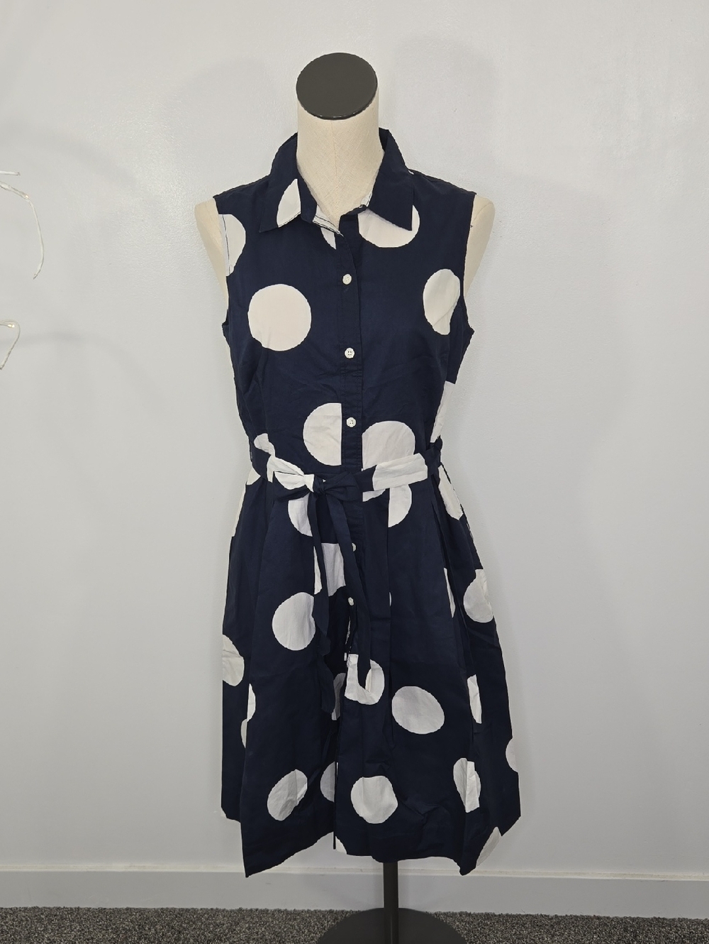 Talbots Sleeveless Navy Blue Polka Dot Shirt Dress  SZ 8P